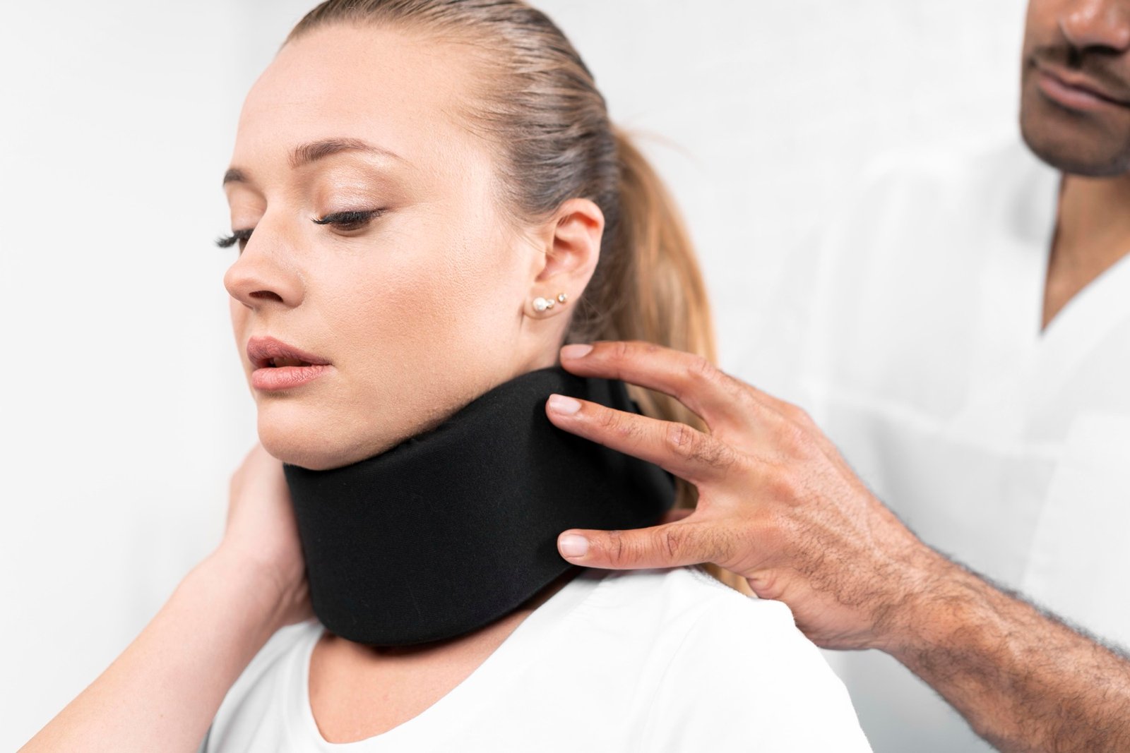 Fisioterapeuta colocando un collarín cervical a una paciente con latigazo cervical tras un accidente de tráfico